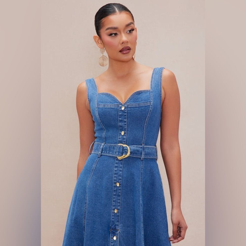 NWT FashionNova Luxe Gabrielle Denim Maxi Dress - Medium Wash - Picture 3 of 9